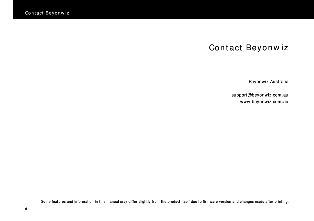 Beyonwiz DP-S1 manual Contact Beyonwiz, Beyonwiz Australia support@beyonwiz.com.au 