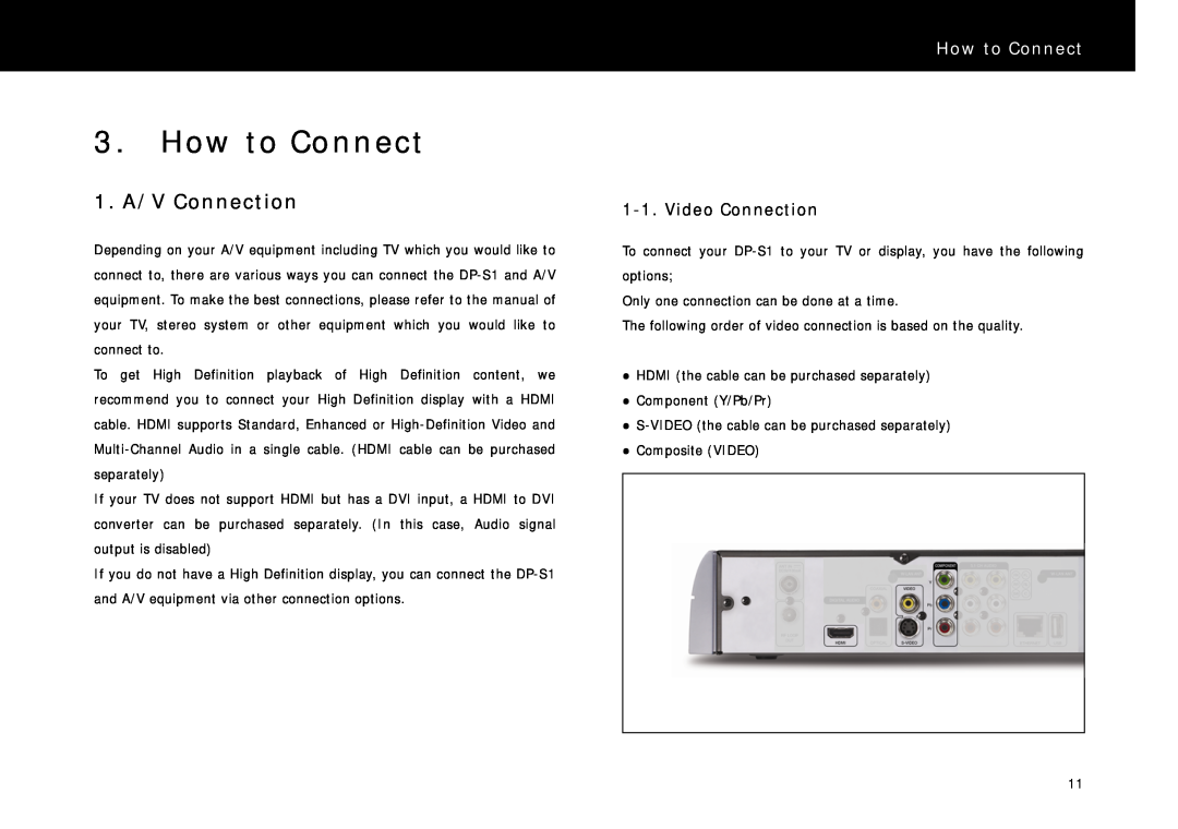 Beyonwiz DP-S1 manual How to Connect, 1. A/V Connection 