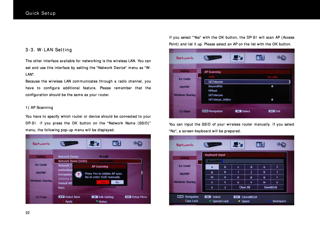 Beyonwiz DP-S1 manual Quick Setup, W-LANSetting, AP Scanning 