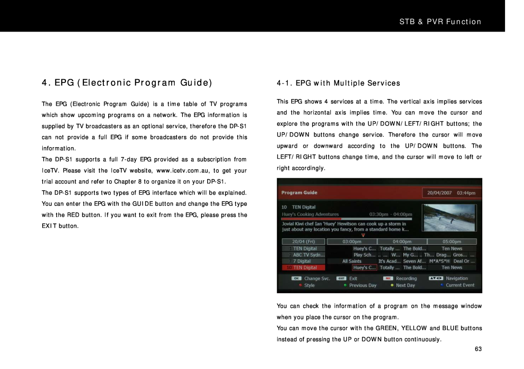 Beyonwiz DP-S1 manual EPG Electronic Program Guide, STB & PVR Function, EPG with Multiple Services 