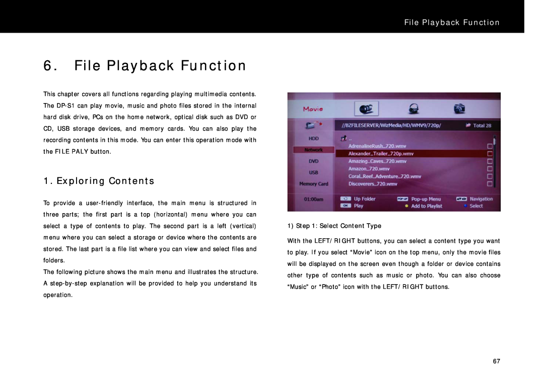Beyonwiz DP-S1 manual File Playback Function, Exploring Contents, Select Content Type 