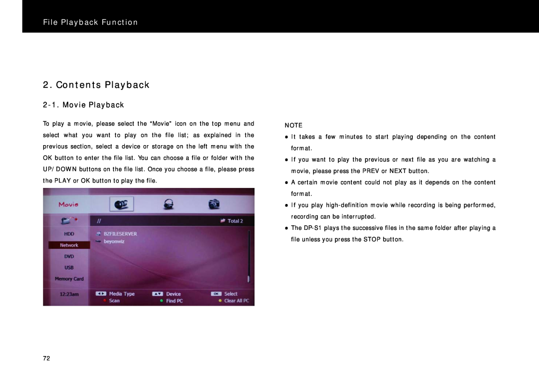 Beyonwiz DP-S1 manual Contents Playback, File Playback Function, Movie Playback 