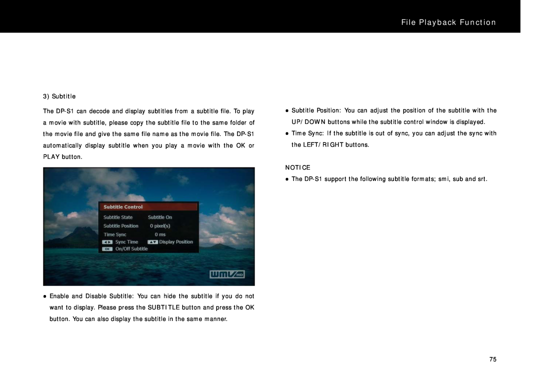 Beyonwiz DP-S1 manual File Playback Function, Subtitle 