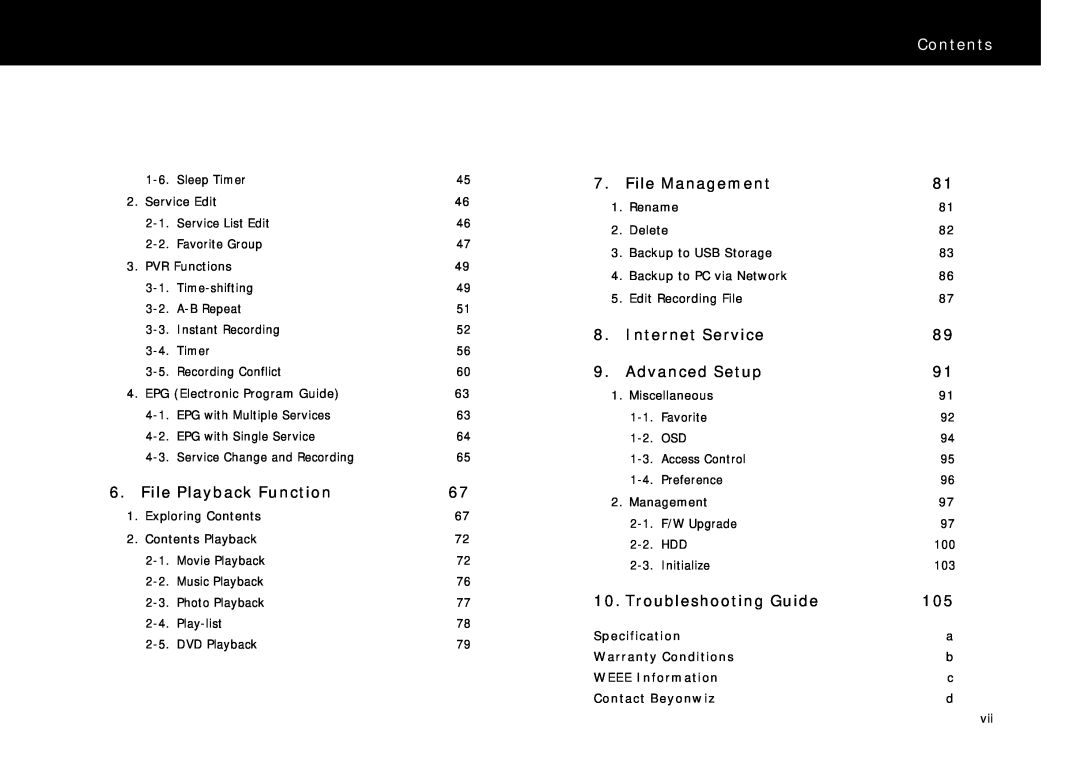 Beyonwiz DP-S1 manual Contents, File Playback Function 