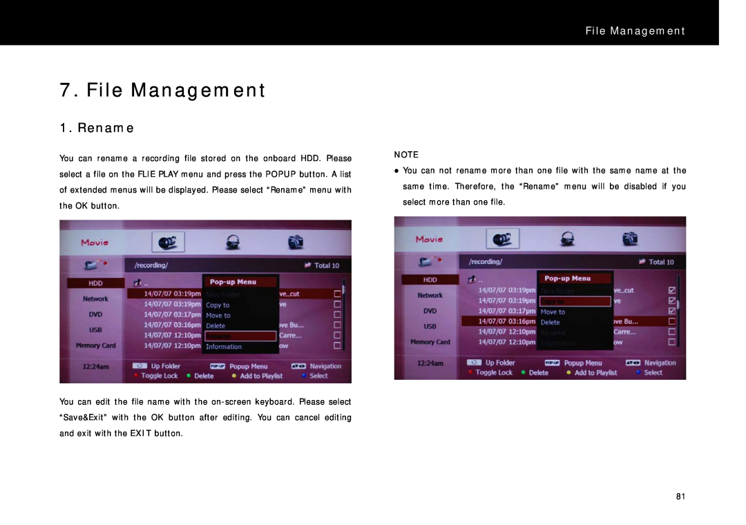 Beyonwiz DP-S1 manual File Management, Rename 