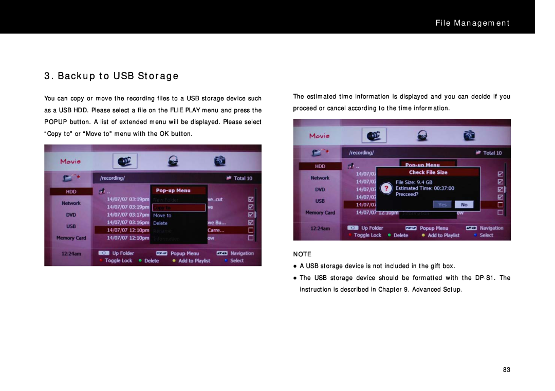 Beyonwiz DP-S1 manual Backup to USB Storage, File Management 