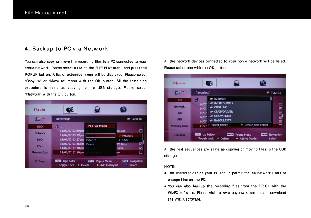 Beyonwiz DP-S1 manual Backup to PC via Network, File Management 