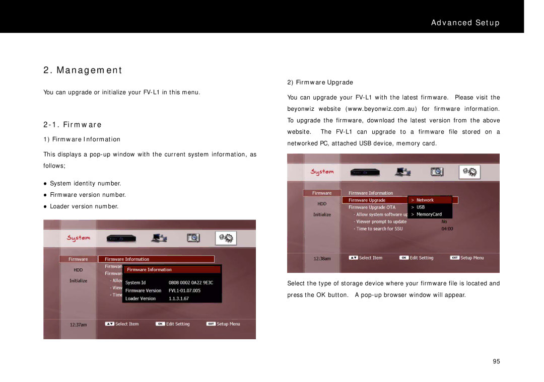 Beyonwiz FV-L1 manual Management, Firmware Information, Firmware Upgrade 