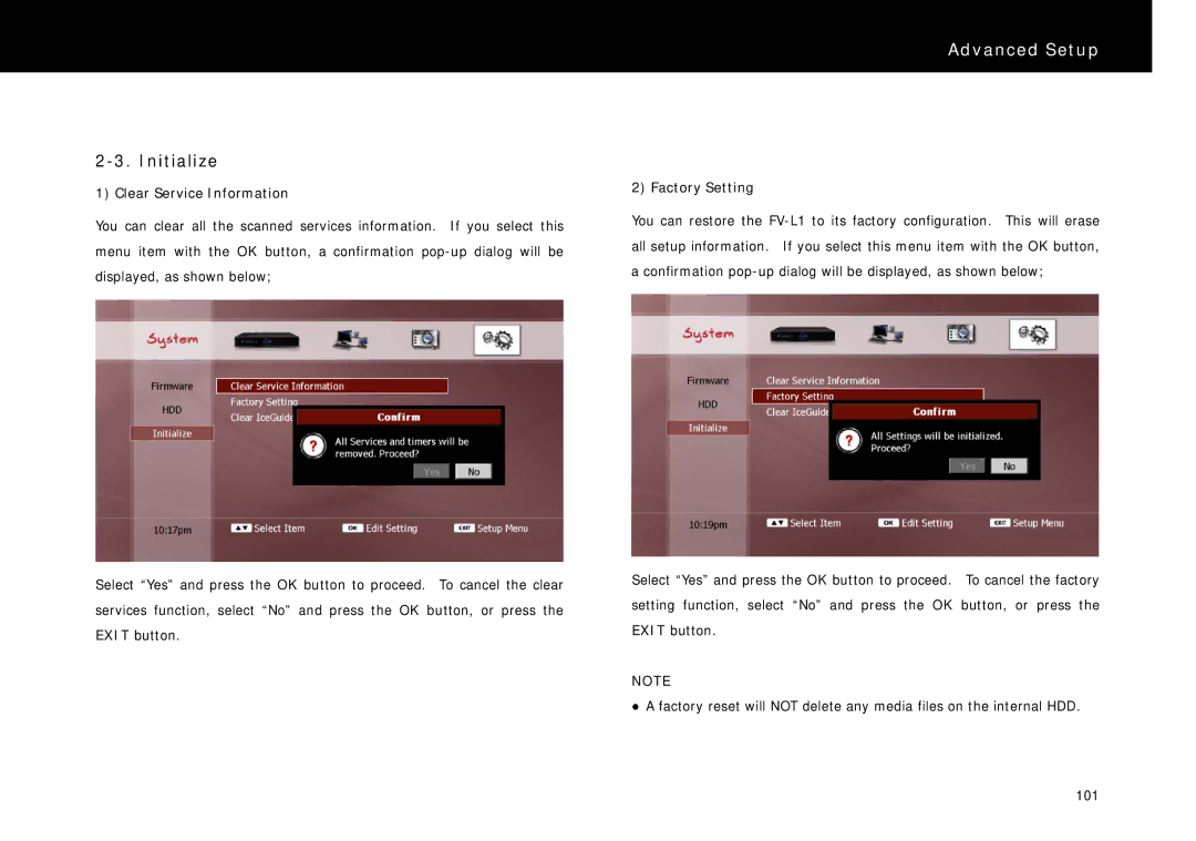 Beyonwiz FV-L1 manual Initialize, Clear Service Information, Factory Setting 