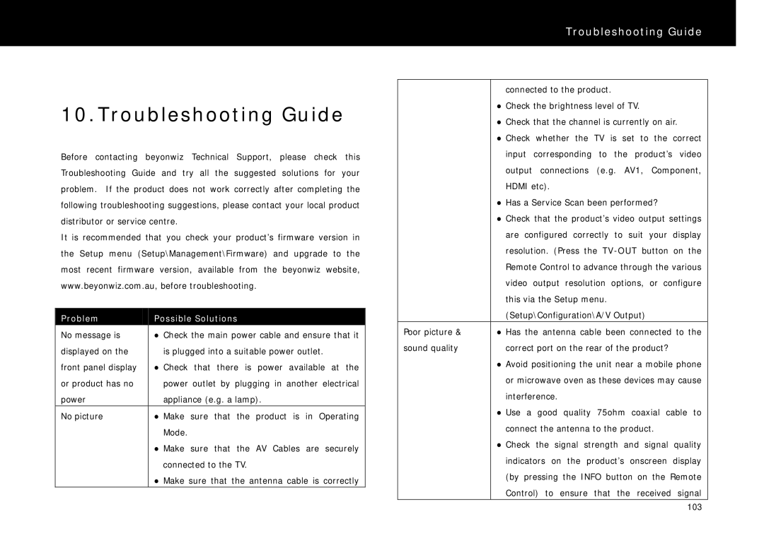 Beyonwiz FV-L1 manual Troubleshooting Guide, Problem Possible Solutions 