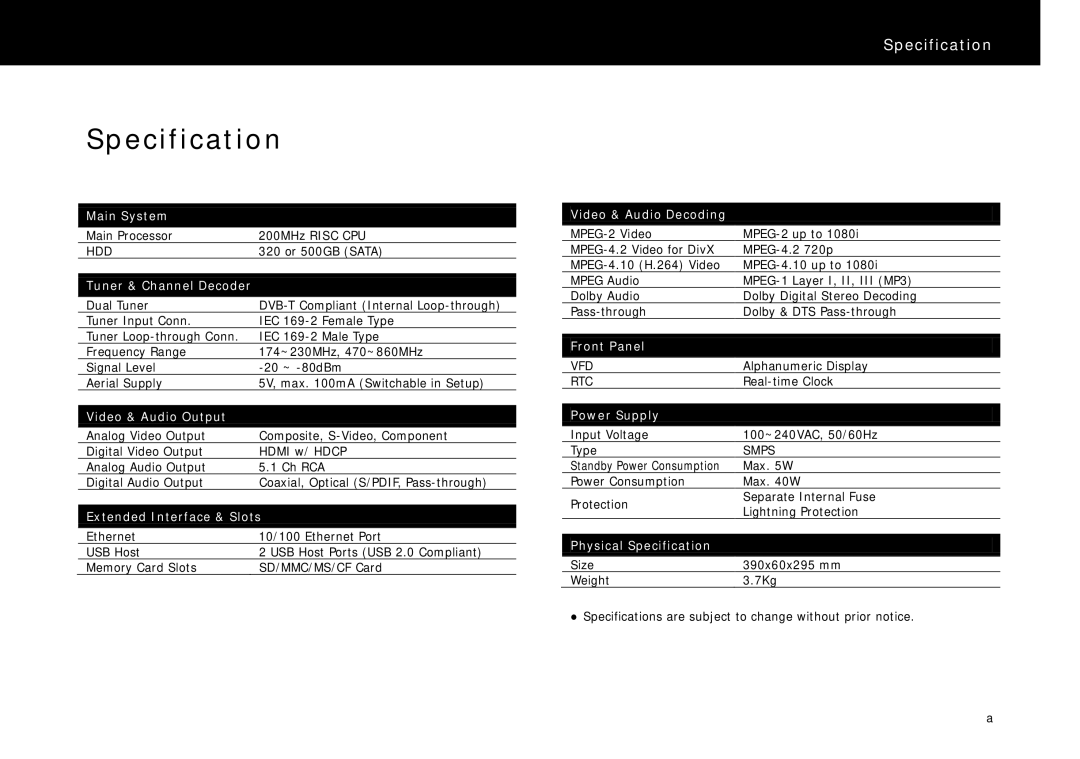 Beyonwiz FV-L1 manual Specification, Main System 