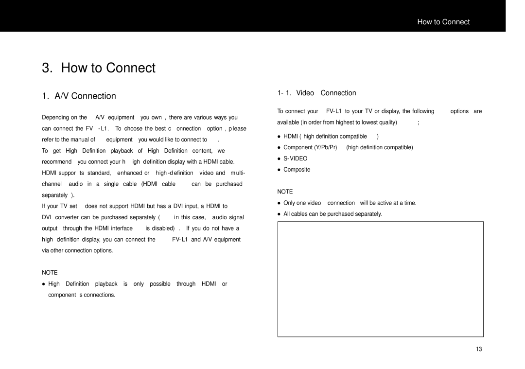 Beyonwiz FV-L1 manual How to Connect, V Connection, Video Connection 