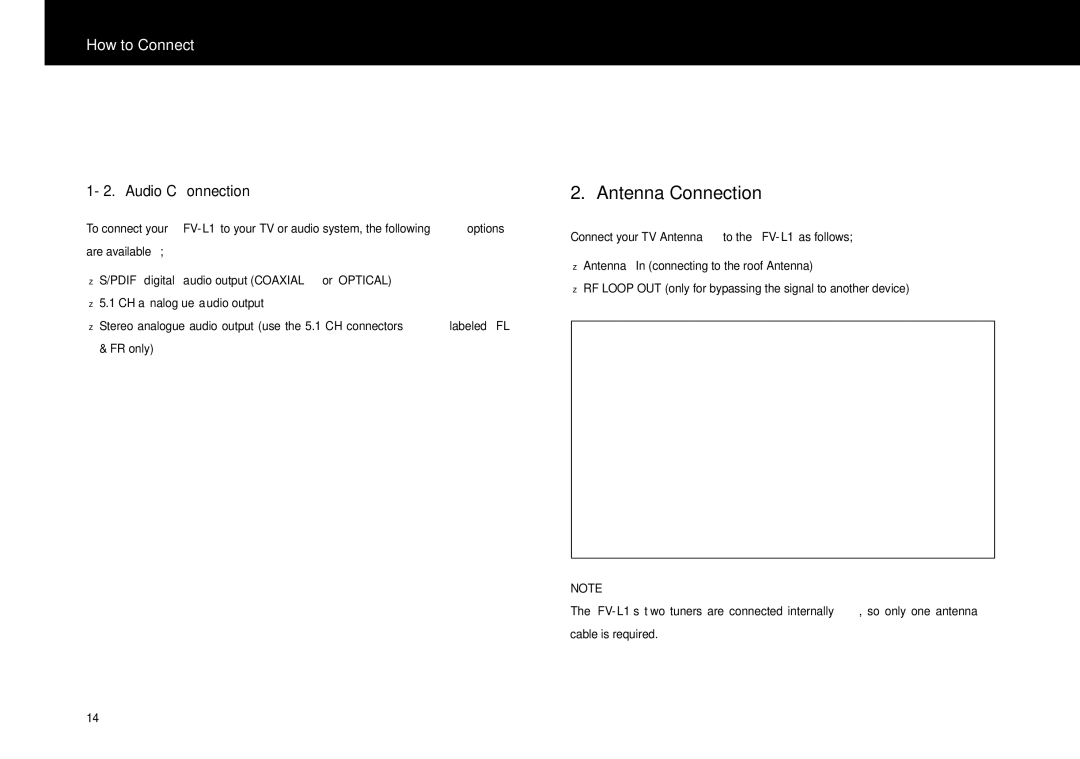 Beyonwiz FV-L1 manual Antenna Connection, Audio Connection 