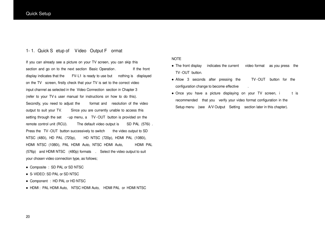 Beyonwiz FV-L1 manual Quick Setup of Video Output Format 