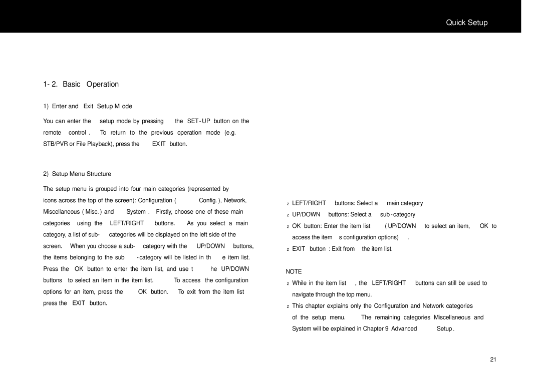 Beyonwiz FV-L1 manual Basic Operation, Enter and Exit Setup Mode, Setup Menu Structure 