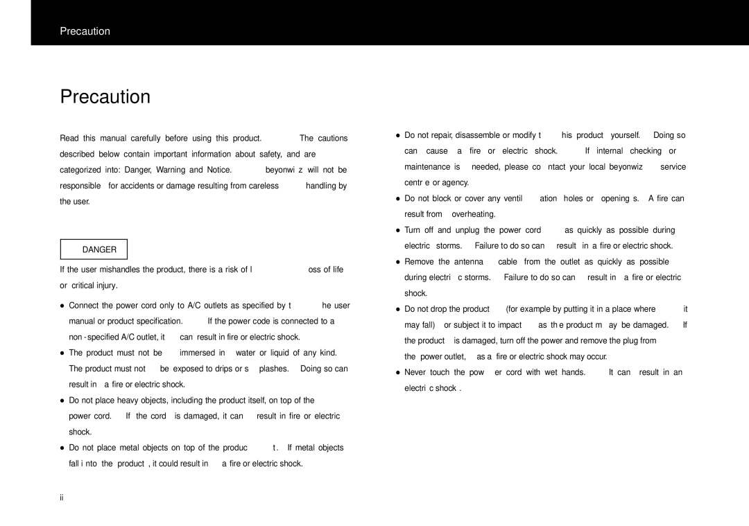 Beyonwiz FV-L1 manual Precaution 