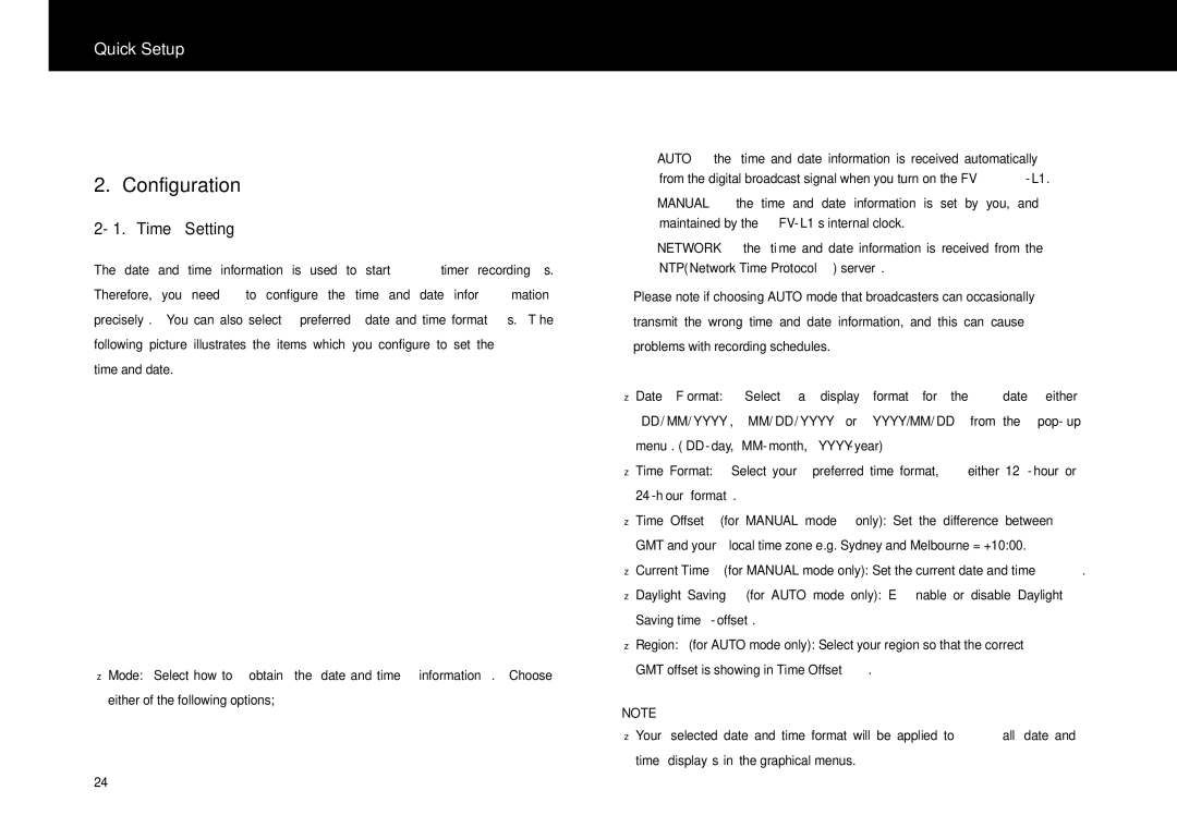 Beyonwiz FV-L1 manual Configuration, Time Setting 