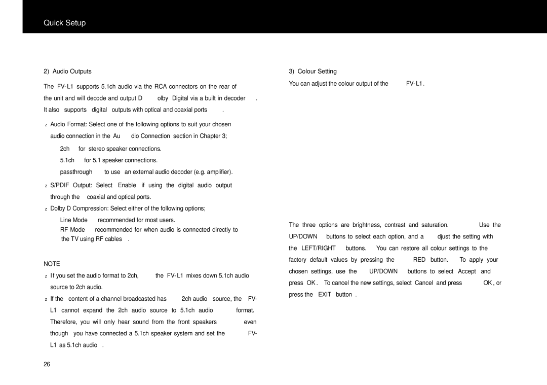 Beyonwiz FV-L1 manual Audio Outputs, Colour Setting 