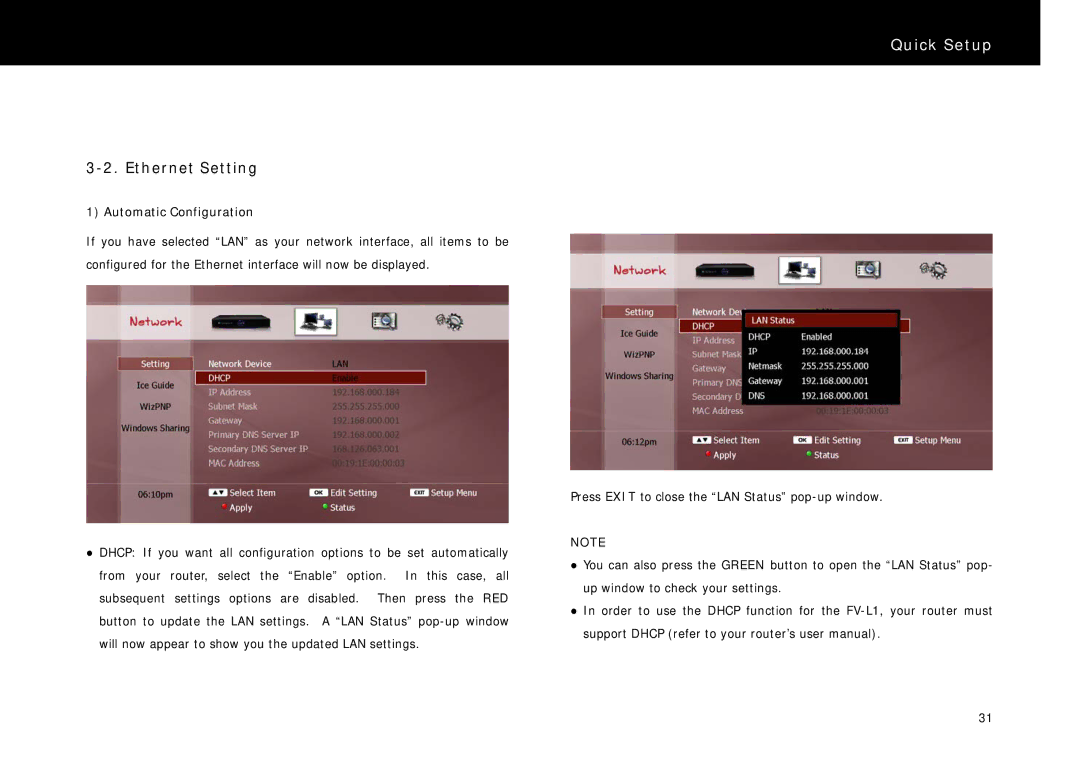 Beyonwiz FV-L1 manual Ethernet Setting, Automatic Configuration 