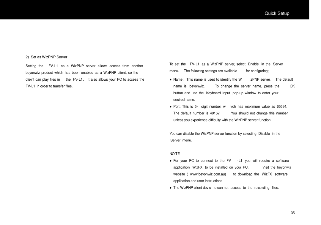 Beyonwiz FV-L1 manual Set as WizPNP Server 