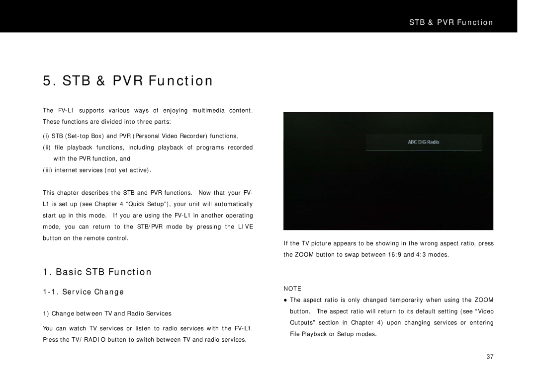 Beyonwiz FV-L1 manual STB & PVR Function, Basic STB Function, Service Change, Change between TV and Radio Services 