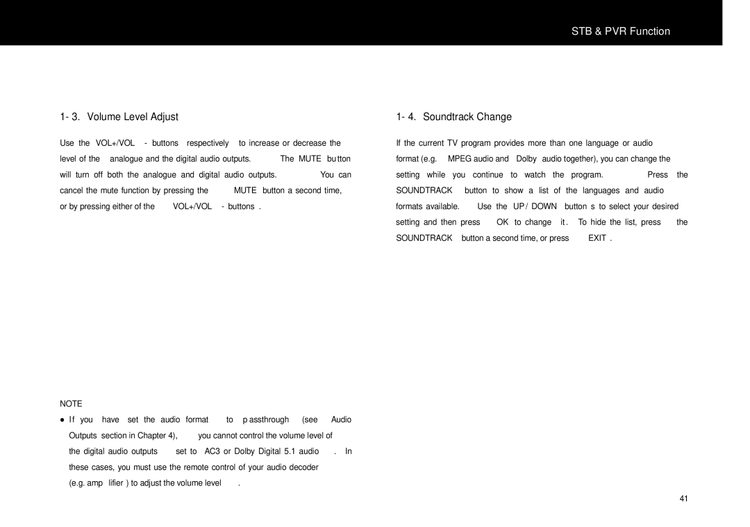 Beyonwiz FV-L1 manual Volume Level Adjust, Soundtrack Change 