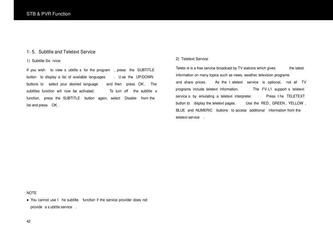Beyonwiz FV-L1 manual Subtitle and Teletext Service, Subtitle Service 