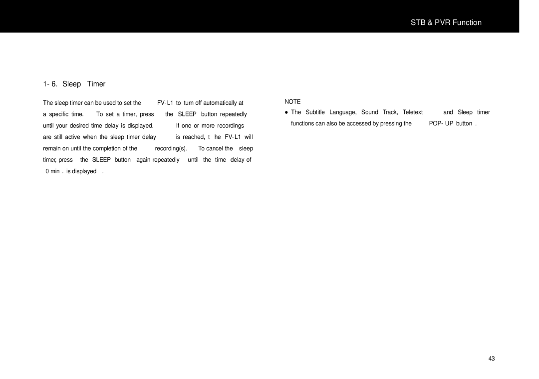 Beyonwiz FV-L1 manual Sleep Timer 