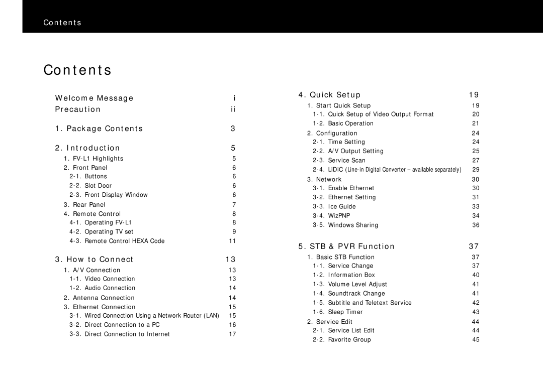 Beyonwiz FV-L1 manual Contents 