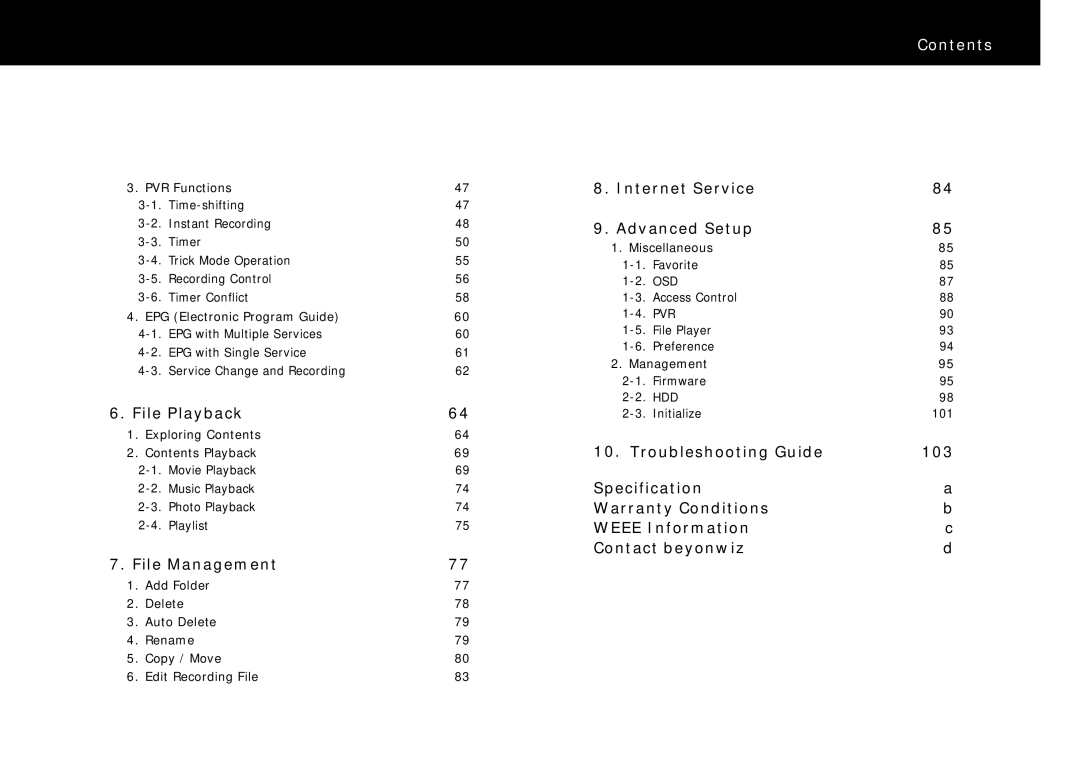 Beyonwiz FV-L1 manual File Playback, File Management, Internet Service Advanced Setup 