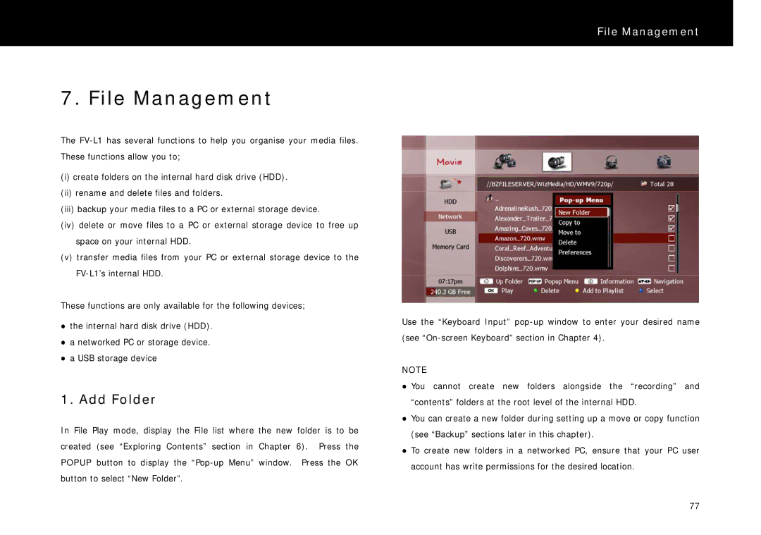 Beyonwiz FV-L1 manual File Management, Add Folder 