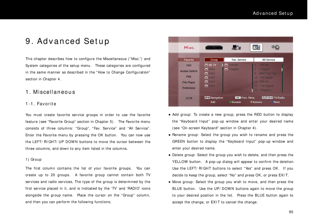 Beyonwiz FV-L1 manual Advanced Setup, Miscellaneous, Favorite, Group 