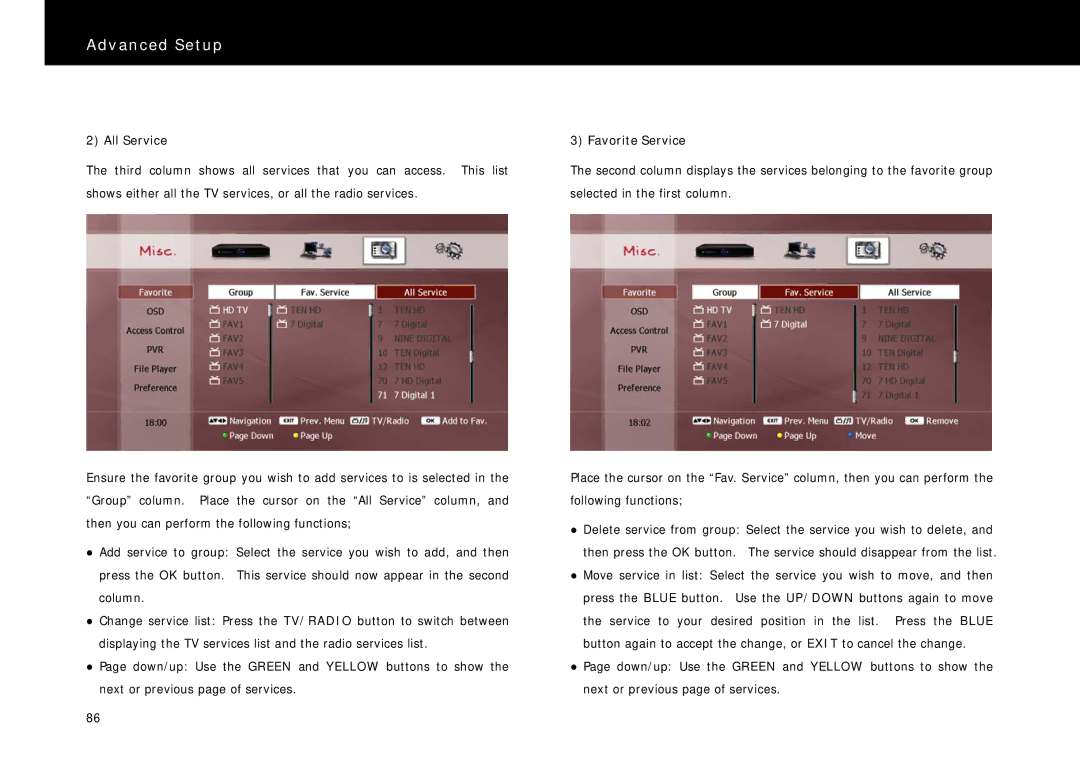 Beyonwiz FV-L1 manual All Service, Favorite Service 