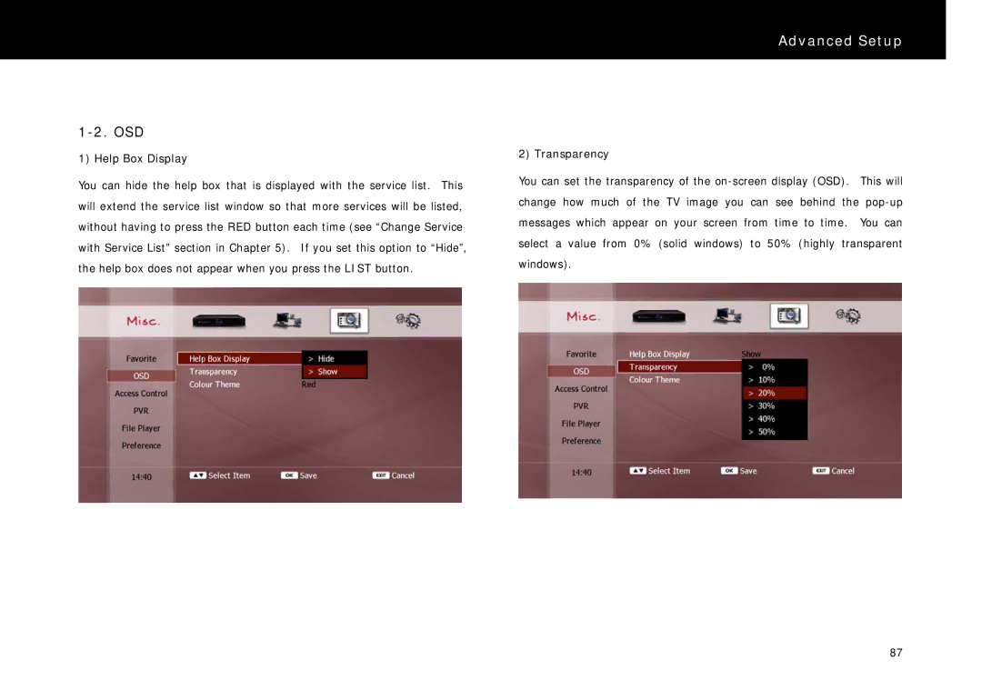 Beyonwiz FV-L1 manual Osd, Help Box Display, Transparency 