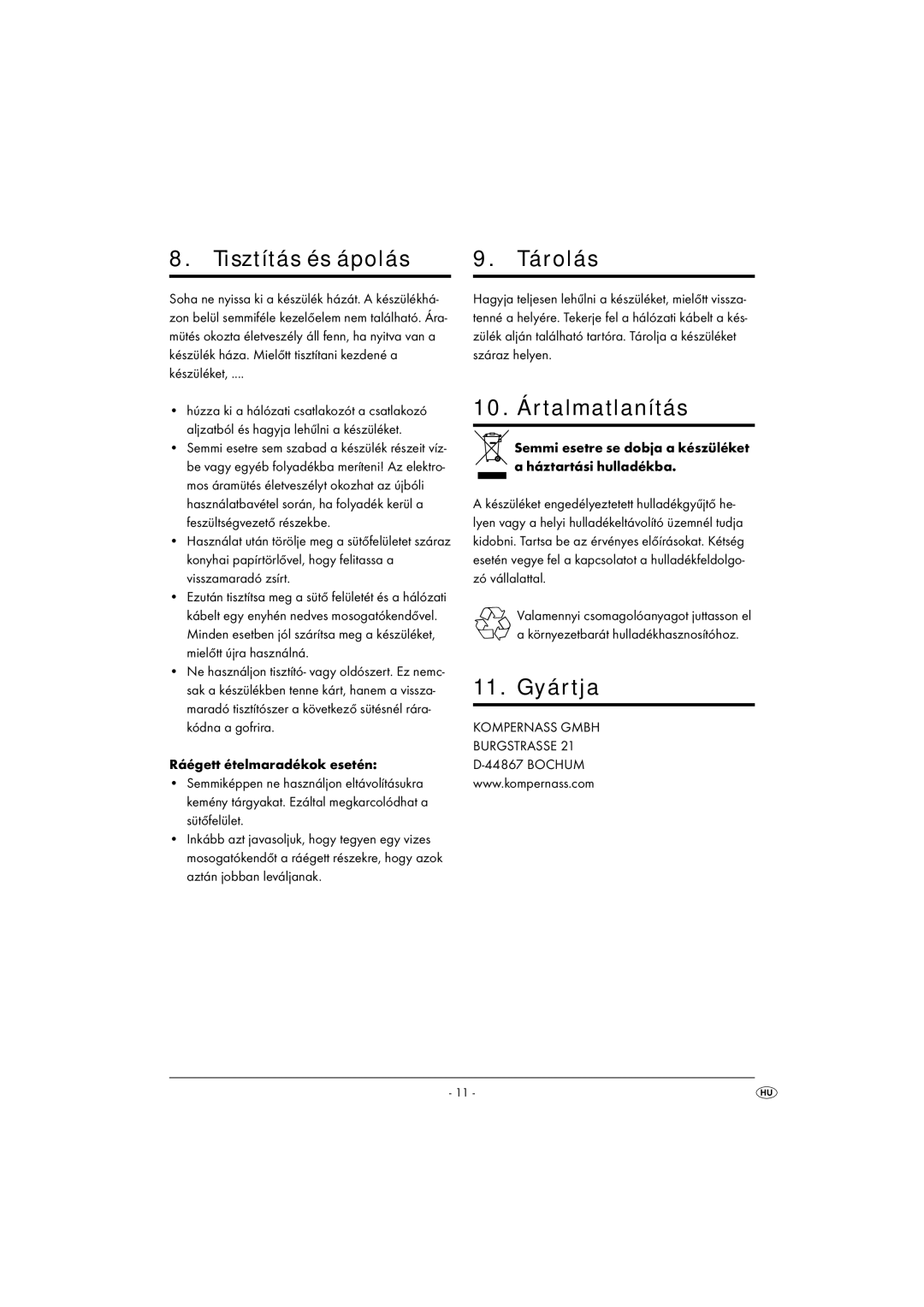 Bifinett KH 1105 operating instructions Tisztítás és ápolás Tárolás, 10. Ártalmatlanítás, 11. Gyártja 