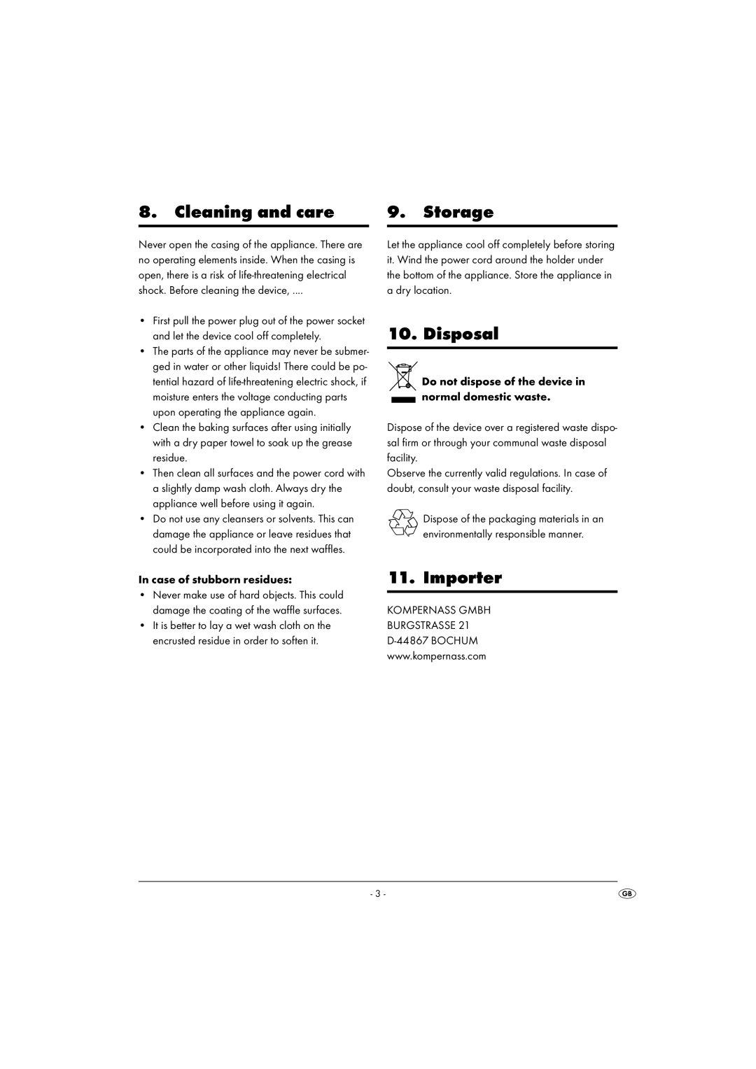 Bifinett KH 1105 operating instructions Cleaning and care, Storage, Disposal, Importer 