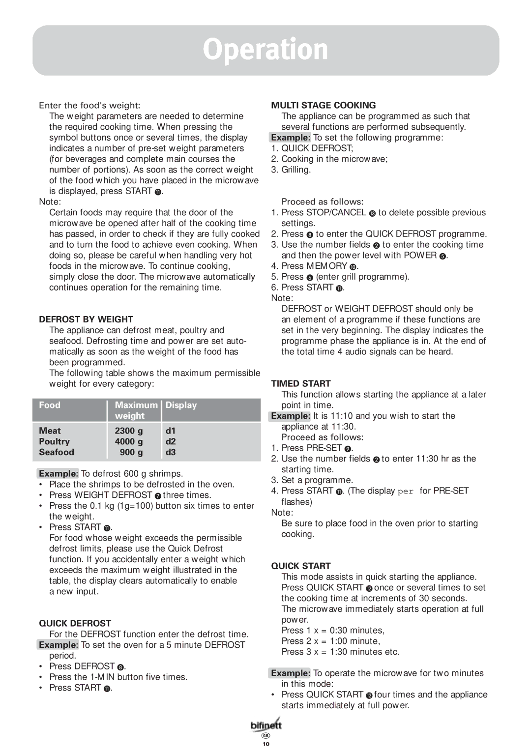 Bifinett KH 1108 manual Defrost by Weight, Meat 2300 g Poultry 4000 g Seafood 0900 g, Quick Defrost 