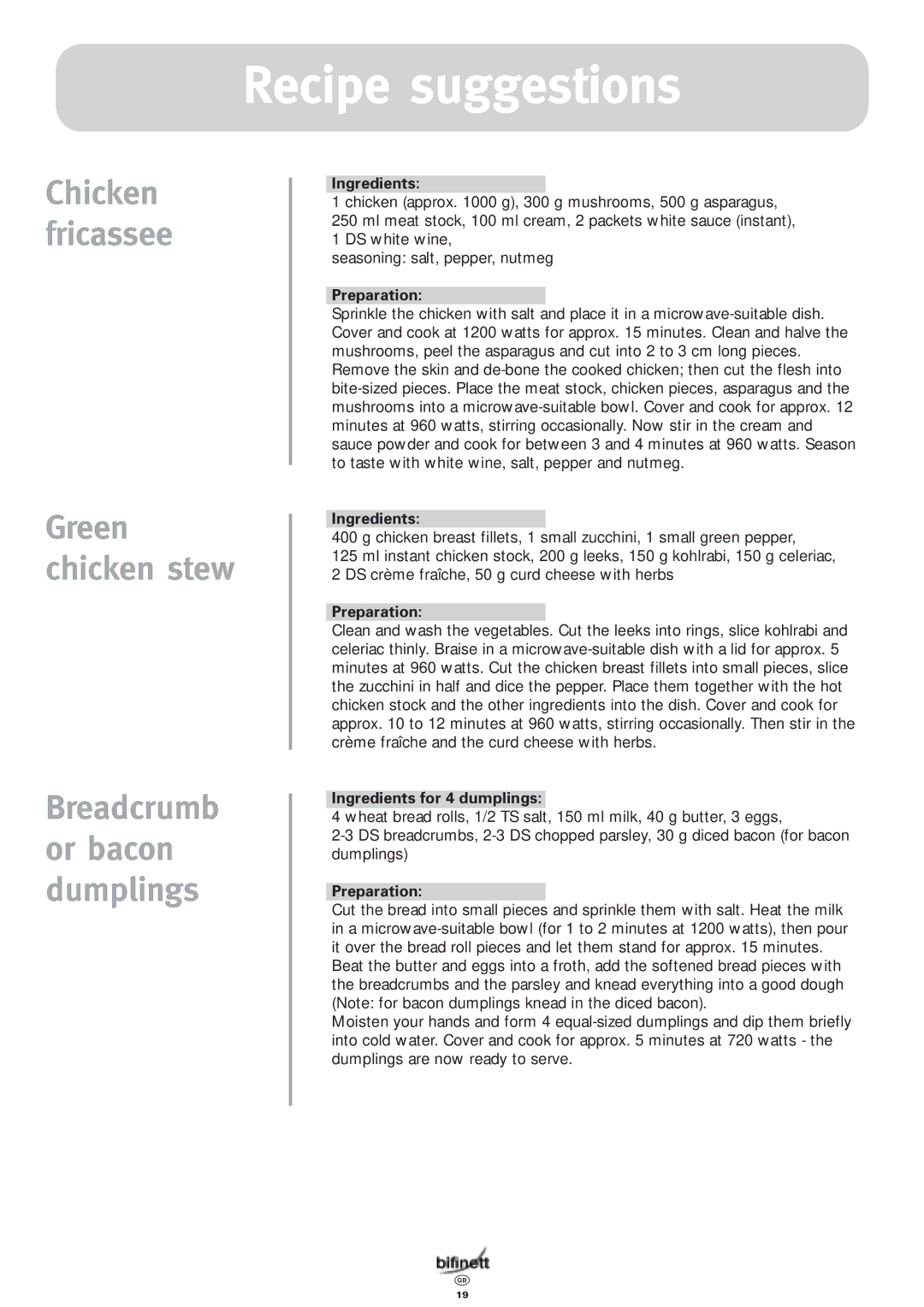 Bifinett KH 1108 manual Ingredients for 4 dumplings 