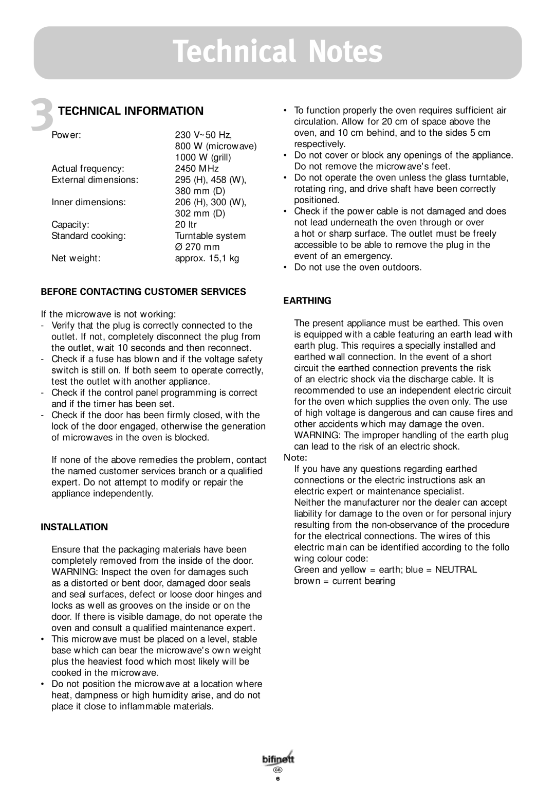 Bifinett KH 1108 manual Technical Notes, Technical Information 