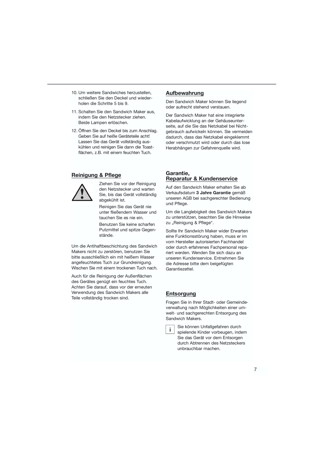 Bifinett KH 1120 manual Aufbewahrung, Reinigung & Pflege, Garantie Reparatur & Kundenservice, Entsorgung 