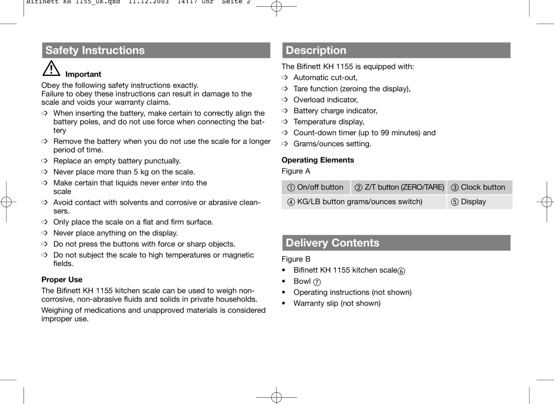 Bifinett KH 1155 manual Safety Instructions, Description, Delivery Contents, Proper Use, Operating Elements 