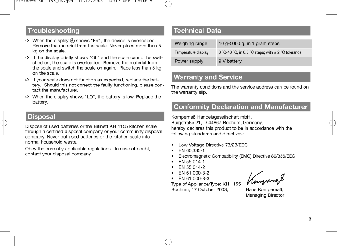 Bifinett KH 1155 Troubleshooting, Disposal, Technical Data, Warranty and Service, Conformity Declaration and Manufacturer 