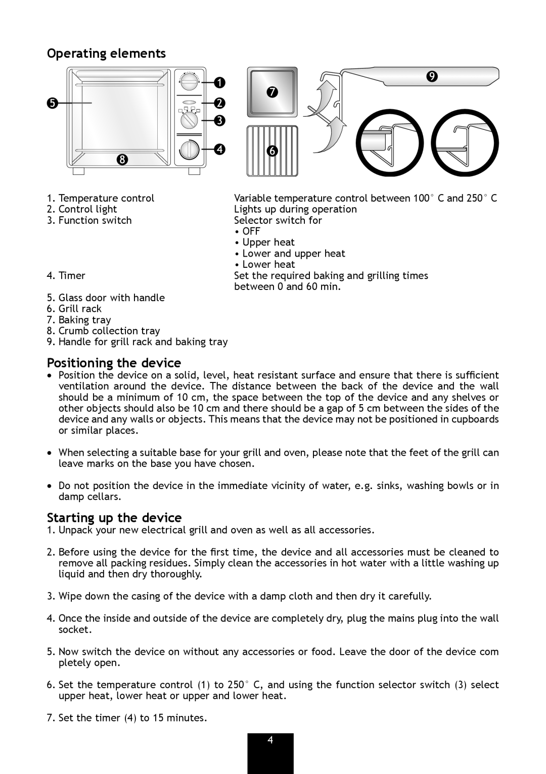 Bifinett KH 1380 manual Operating elements, Positioning the device, Starting up the device 