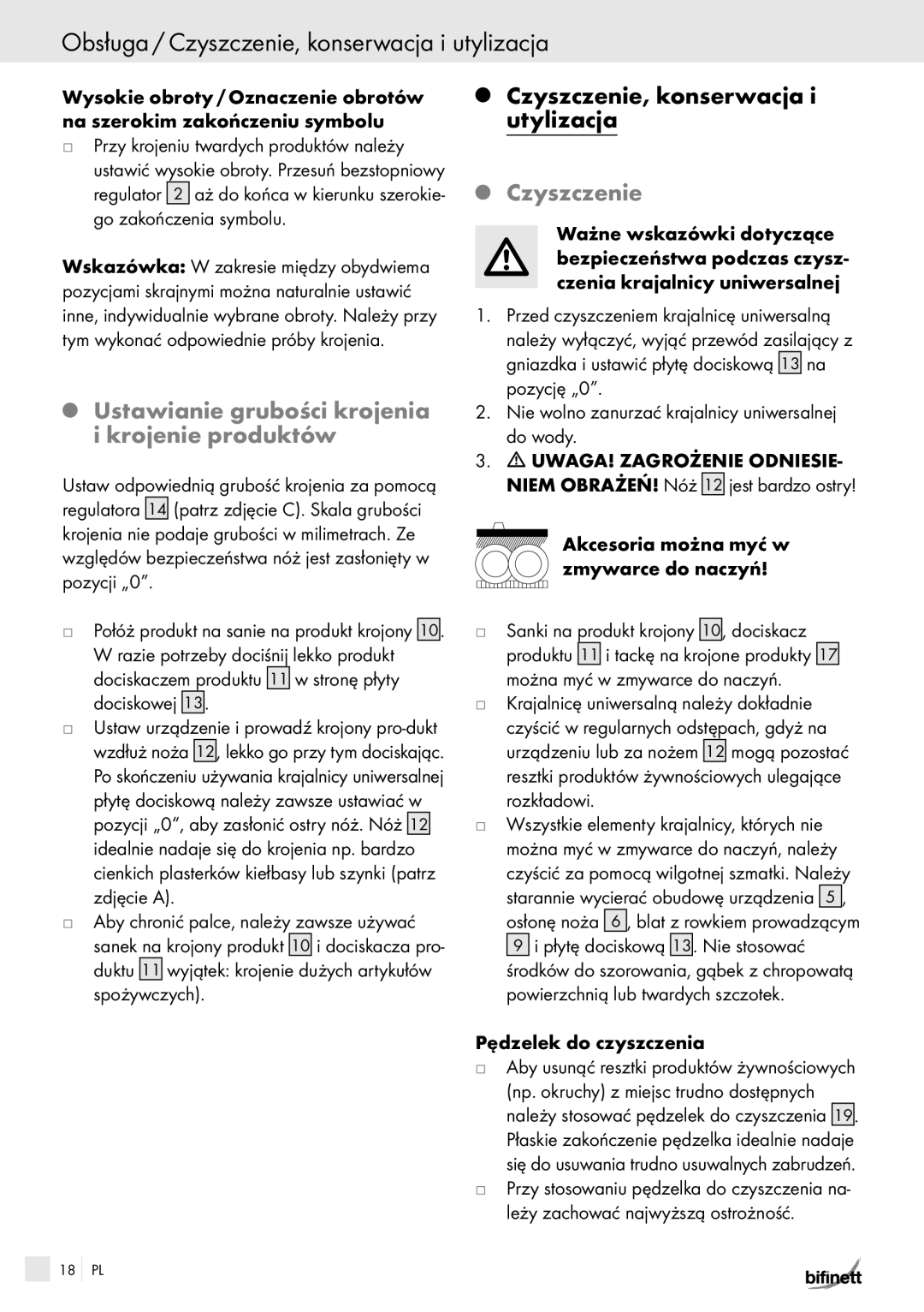 Bifinett KH 150 manual Obsługa / Czyszczenie, konserwacja i utylizacja, Ustawianie grubości krojenia i krojenie produktów 