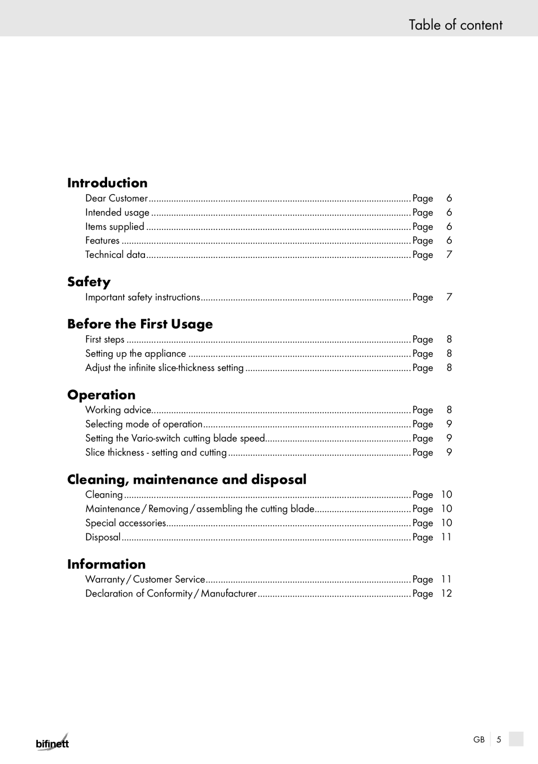 Bifinett KH 150 manual Table of content 