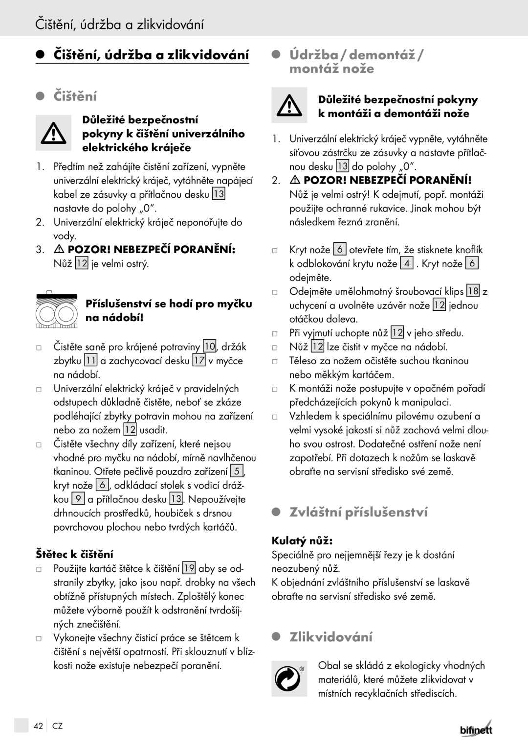 Bifinett KH 150 Čištění, údržba a zlikvidování, Údržba / demontáž / montáž nože, Zvláštní příslušenství, Zlikvidování 