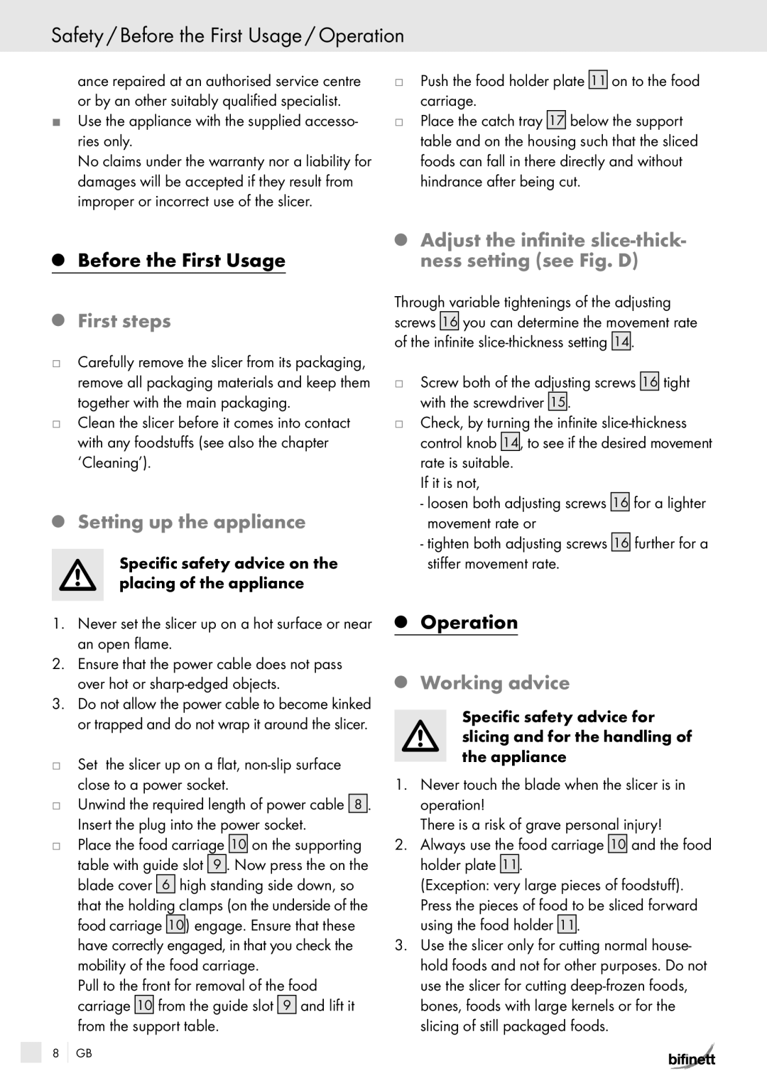 Bifinett KH 150 manual Safety / Before the First Usage / Operation, First steps, Setting up the appliance, Working advice 