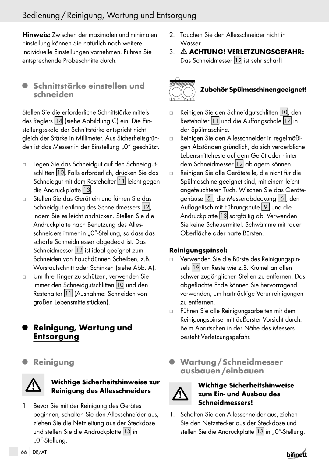 Bifinett KH 150 manual Bedienung / Reinigung, Wartung und Entsorgung, Schnittstärke einstellen und schneiden 