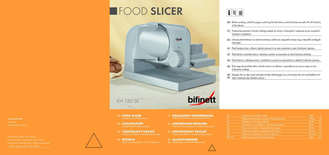 Bifinett manual Food Slicer, KH 150 SE, Krajalnica uniwersalna, Szeletelőgép, Univerzalni rezalnik, Víceúčelový kráječ 