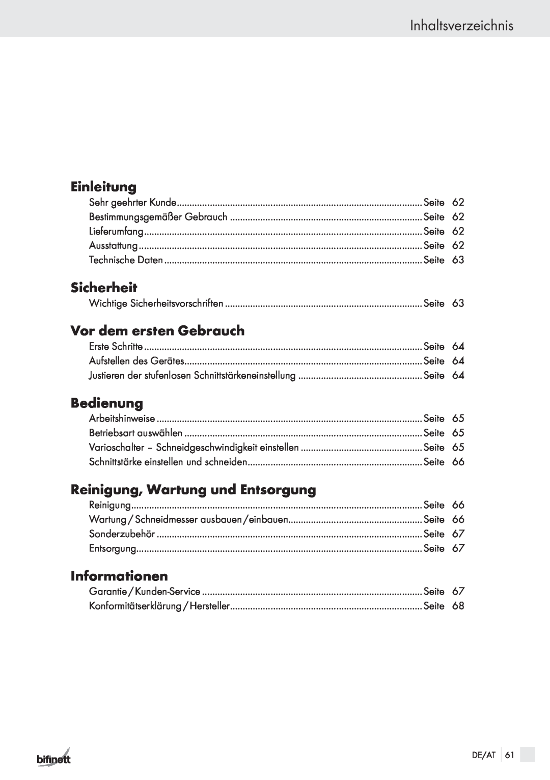 Bifinett KH 150 manual Inhaltsverzeichnis, Einleitung, Sicherheit, Vor dem ersten Gebrauch, Bedienung, Informationen 